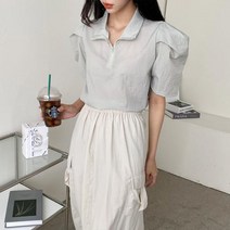 마롱패션 카라 반지퍼 블라우스 솔리드 블랙 아이보리