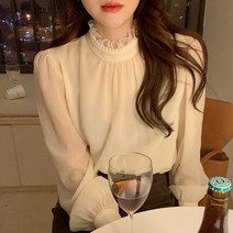 신스엔스 여성 쉬폰 살구색 퍼프 긴팔 블라우스