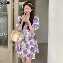 DFMEI 빅 플라워 슬림해 보이는 사각 넥 셔링 하이웨이스트 퍼프 원피스