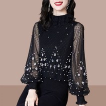 빅사이즈블라우스 코디 우아한 접합 거즈 구슬 랜턴 슬리브 블라우스 여성 의류 가을 신제품 대형 캐주얼 풀오버 세련 루즈핏 셔츠111510