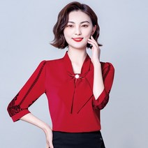 라오농 쉬폰 상의 여하 칠부 티셔츠 중소매 블라우스 서양풍 엄마 봄옷+KUYE07X