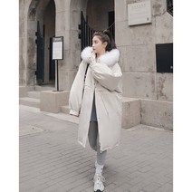 한블리 pick 안감 누빔 후드 퍼 롱 패딩 (크림 베이지 블랙)