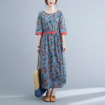 면과 린넨 롱스커트 원피스 발목까지 오는 고연화복 단체픽업 ~ 출퇴근 라지 넉넉하고 얇은 포켓 프린트 네이비 M