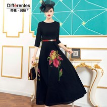 블랙 꽃 프린트 고급 정장 원피스 롱 스커트 스윙 드레스 공연복 4XL 3XL
