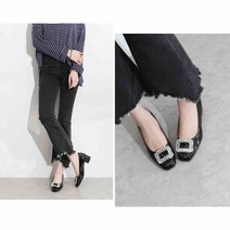 여성 둥근코 큐빅장식 플랫슈즈 펌프스 4CM 굽