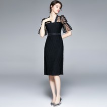 KORELAN 통근 원피스 중간 길이 ol V 넥 거즈 메쉬 물방울 무늬 스티치 플레어 소매 힙 팩 원스텝 스커트 블랙