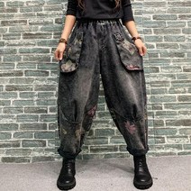 도다인 WAWAMOM 여성 롤업 데님 배기팬츠 똥싼바지 플라워 청바지 DAQ11