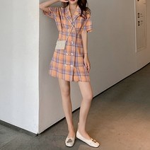 발랄 상큼 오렌지 체크무늬 가벼운소재 여름 룩 여자 휴가룩 원피스 여름롱 미니 나시 쉬폰 -735056hn