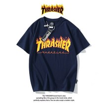 Thrasher T-shirt 트레셔 플레임 로고 여름철 순면 반팔 황색 불길-짙은 남색