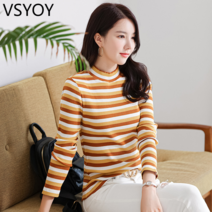 vsyoy 여성용 반 높이 칼라 스트라이프 셔츠 긴팔 티셔츠 슬림핏 편안한 면베이스 셔츠