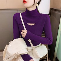 구멍 니트 하프 하이 칼라 여성 가을 ​​겨울 보라색 스웨터 슬림 트임 니트 아이돌 패션
