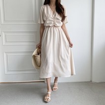 [리엘라] 자므네 브이넥 셔링 반팔 롱 원피스