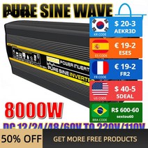 순수 정현파 인버터 12V 24V 48V 60V 에서 8000 6000 4000 3000W AC110V 220V 전압 변압기 전력 변환기 태양광, DC 24V, 50Hz 220V (210 230V), 8000W