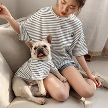 애견 커플룩 스트라이프 반팔 티셔츠 개플룩 견주 댕플룩 산책룩 반려견 여름 티셔츠, 블루