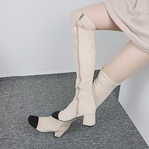 사각코 스퀘어 투톤 스웨이드 지퍼 니 하이 롱 부츠 힐 6cm
