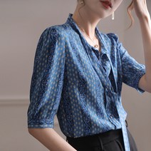 리본 블라우스 여 빈티지 블루 리본 누에실 프린트 상의