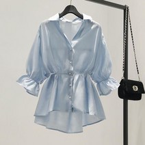 아이엠몽 여성 V넥 쉬폰 루즈핏 허리 라인 포엣 블라우스 셔츠 브렌티나