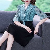 리본 쉬폰 블라우스 원피스 우아한 러블리 민트 여성 봄 여름 5부 소매 30대 40대 레이어드 정장 캐주얼 오피스 고급진 슬림 단아한 데이트 룩 V넥 하객 결혼식 피로연 반팔 모던