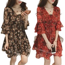 리더스타 여성원피스 블랙+레드 2장 쉬폰 플라워 원피스 미디원피스