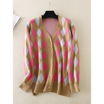 여성 핑크 니트 가디건 겨울 스웨터 볼레로 예쁜 아우터 빈티지 기하학 Rhomb아이콘 카디건 가을 따뜻한 긴 소매 느슨한 겉옷 우아한 v 목 세련된 탑 C 023