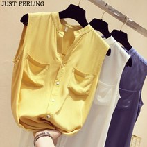 JUST FEEL!NG 여성 여름 박시핏 브이넥 민소매 쉬폰 블라우스 남방 셔츠 슬리브리스 니시티