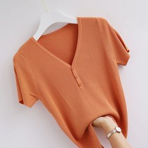 여성 반팔 니트티 브이넥 심플 무지 여자 반소매 티셔츠 2023 short sleeved knit shirt XK0181