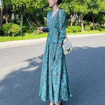 롱 원피스 맥시 여성 파티 드레스 여행 봄 가을 v 넥 빈티지 꽃 프린트 붕대 긴