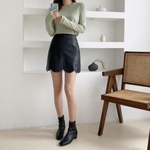 여자 물결 튤립 레더가죽 H라인 여친룩 미니 스커트