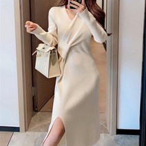 프렌치 레트로 레드 니트 원피스 여성 사이드 슬릿 디자인 감각