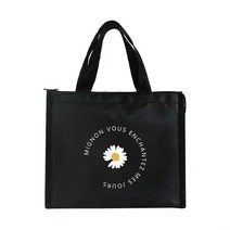 방수 도톰 도시락 가방 알루미늄 호일 보온 가방 캔버스 반찬 도시락 가방 보온 냉장 출근 핸드백, 아기 데이지 블랙 가로
