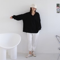 애플망고옷장 간절기 여성 긴팔 레븐브이넥 박스티셔츠
