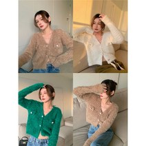 퐁순싸롱 브이넥 부클 퍼 뽀글이 양털 니트 숏 가디건 YJ