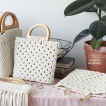 손뜨개 스퀘어 토트백 만들기 DIY 키트 2컬러 마크라메 재료 + 제작영상무료제공, 컬러/가방핸들 아이보리/우드링