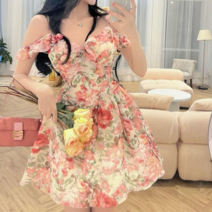 여성 브이넥 프렌치 플로럴 하이웨이스트 A라인 뷔스티에 러블리 원피스 쉬폰 프릴원피스