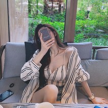 신혼여행 화이트비치 괌원피스 휴가 꽃무늬 비치 원피스 휴양지룩 휴양지쇼핑몰 동남아원피스 해변 하와이, L, 블랙 스트라이프 나시+셔츠