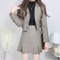 원버튼 크롭 헤링본 자켓 A라인 스커트 투피스 셋업 세트