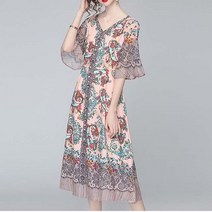브이너스 화려한여름-브이넥 페이즐 나염 커팅 쉬폰 원피스