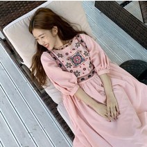 Korean Style Ins Sweet Girls Age-Reducing 세로 스트라이프 에스닉 스타일 자수 느슨한 슬리밍 중간 길이 스트라이프 드레스