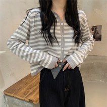 여성 봄 니트 코디 스트라이프 가디건 긴팔 루즈핏 크롭 소매 배색