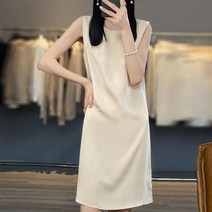 여자 여름 새틴 민소매 미디 기본 원피스