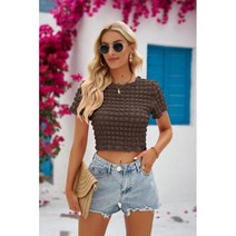 여성용 팝콘 오픈 배꼽 매콤한 소녀 반팔 탑 3D/3D 패턴 격자 무늬 단색 2023 여름