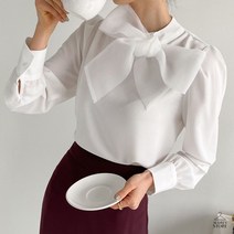 가을 여성 하이넥 반목 노방 리본 타이 셔링 긴팔 블라우스 셔츠 정장 하객(화이트 블랙)