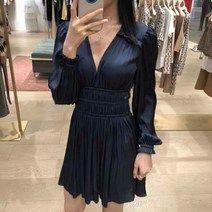 2022 프렌치 빈티지 수입 원피스 브이넥 새틴 러플 마쥬 셔링 미니 드레스