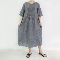 아이보리앤코 마스 고방 체크 린넨 100 루즈핏 롱 원피스