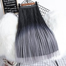 플레이어 스커트 주름 바스락 플리츠 여성용 그라데이션 컬러 메쉬 우아한 하이 웨이스트 라인 미디 길이 여름