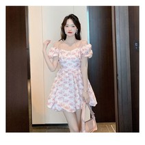 REZENZI스윗 네크라인 퍼프소매 플라워 원피스 여 프렌치 클로징 프린세스 스커트 여름