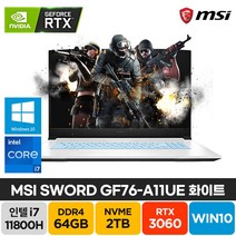 MSI Sword GF76 A11UE i7-11800H RTX3060 17인치 화이트 윈도우10 배그 롤 기업 주식 고성능 가성비 노트북, WIN10 Pro, 64GB, 2TB, 코어i7