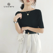 Lizziery 여자 여름 헐렁하다 일자 칼라 미디엄 슬리브 상의 티셔츠