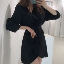 [랜덤플레이] 오픈카라 언발꼬임 웨딩 게스트룩 셔츠 원피스