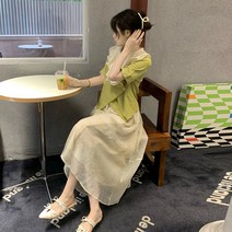 여름 정장 여성의 2022 새 재킷 절반 길이 메쉬 스커트 프랑스 부드러운 바람 고급 투피스, 녹색 재킷 스커트 가치 투피스, S 권장 80-100kg